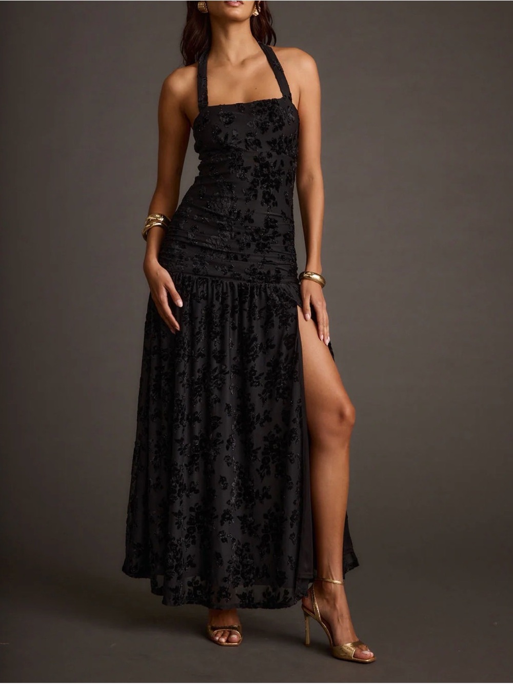 12th Tribe Black Halter Maxi Dress with Side Slit